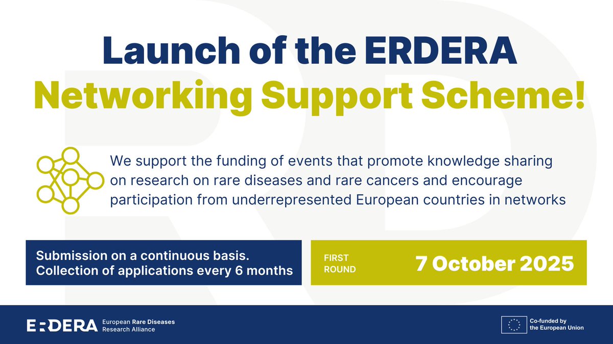 🚨 ERDERA launches its Networking Support Scheme!
💡Funding for events that connect experts on #RareDiseases &amp; #RareCancer
🌍 Boosts inclusion of underrepresented countries
📅 Apply anytime – first deadline: 7 Oct 2025
🔗 loom.ly/Y-zY0og
#ERDERA #ResearchFunding