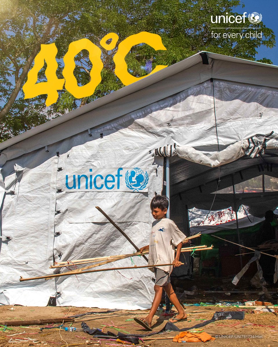 강진으로 5만 채 넘는
주택이 무너진 #미얀마 #만달레이
그 위에 #폭염 까지 덮치며
어린이는 제대로 쉴 수 조차 없습니다.

임시 대피소 일부를 #교실 로 사용하고 있지만
피해가 점점 커지는 탓에
새 학기를 앞두고 수업도 중단해야 합니다.

#유니세프 는 무더위 속
어린이를 지키기 위해 구호