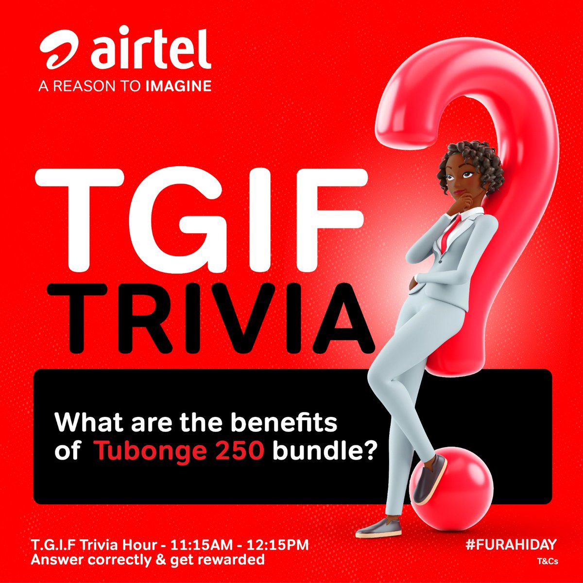 Masaa ni ya #AirtelTriviaHour! 😊

Wacha tuone wangapi wanatambua Tubonge Voice Bundles. 

Majibu correct tafadhali, and don't forget to DM your number. Twende kazi.

#FurahiDay #AirtelTGIFTrivia