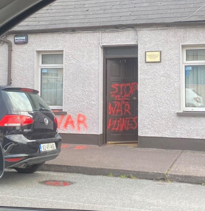 "Stop the war planes"
Graffiti in Cork, Ireland on the door of the constituency office of Micheál Martin, the Taoiseach (Prime Minister) of Ireland