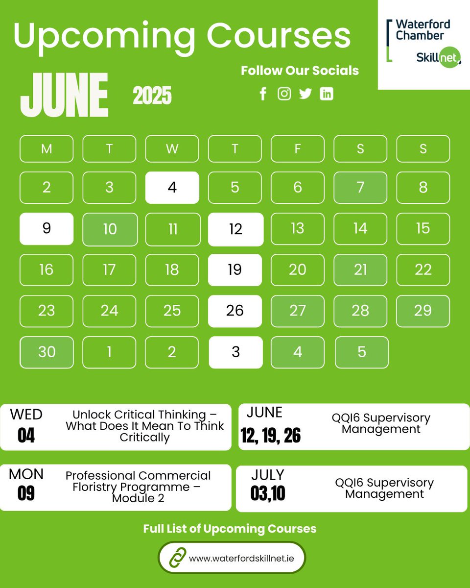 Upcoming June Courses 📆

The June bank holiday is here, we wanted to give you an overview of our upcoming courses. June has a wide variety of courses.

Grow your business and individual skills with Waterford Skillnet 🤝.

Full List of Upcoming Courses: 🔗 waterfordskillnet.ie/training-cours…