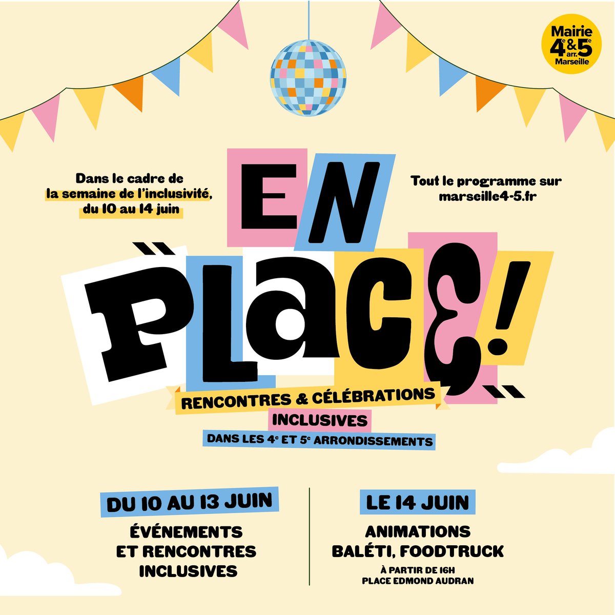 #MarseilleSolidaire | Du 10 au 14 juin, la <a href="/Marseille4_5/">Mairie des 4e et 5e arr. de Marseille</a> célèbre la diversité et l'inclusion avec ateliers, spectacles et rencontres. 🎉 

📅 Rendez-vous le 14/06 à la place E. Audran : handisport, chorale, balèti, village associatif. 

Programme : bit.ly/43gVxzT