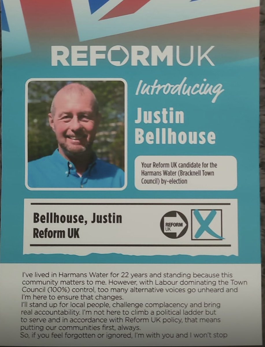 🗳️ Town Council by-election - 26th June!

Let’s get behind Justin Bellhouse for Harmans Water &amp; send a strong Reform voice to Bracknell Town Council 💪🇬🇧

Time to put local people first!

#ReformUK #Bracknell #HarmansWater <a href="/ReformBracknell/">🩵 Reform UK Bracknell 🩵</a>