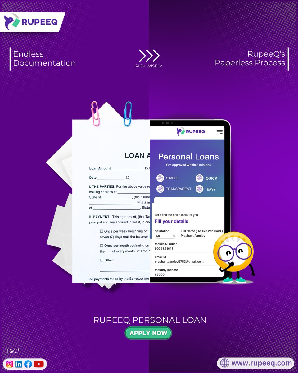 RupeeQ_'s tweet photo. Tired of endless documentation for a loan?

Switch to Rupeeq’s paperless process
📲 Simple | Quick | Transparent | Easy
No queues. No paperwork. Just pure ease.
💼 Apply now at 👉 https://t.co/smy3A5cBiC

#Rupeeq #LoanWithoutPaperwork #DigitalFinance #PersonalLoan #QuickApproval https://t.co/7tKYMHcvSX