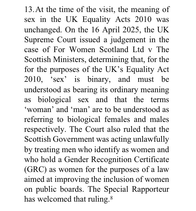 The UN Special Rapporteur report emphasises the importance of accurate data on sex, citing the Sullivan Review.