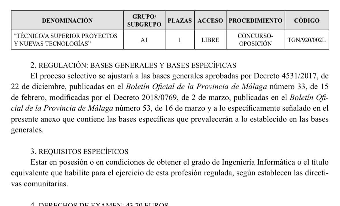 Dicen que la profesión no está regulada y que no somos A1. Pues oigan, convocatoria de oposición para puesto de director de proyectos, A1, y sólo pueden acceder titulados de Grado en Ingeniería Informática y resto de titulaciones habilitantes para ejercer esa profesión regulada..