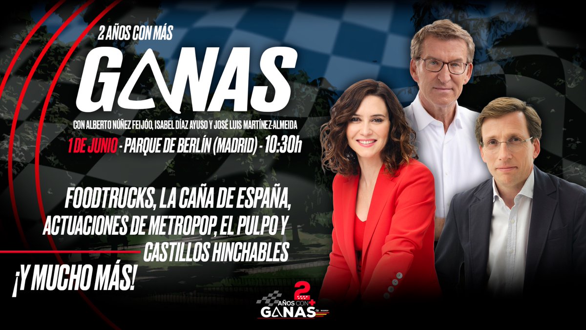 ppmadrid's tweet photo. ‼#2AñosConMásGANAS‼

Con @NunezFeijoo, @IdiazAyuso y @AlmeidaPP_.

📆 Domingo, 1 de junio. 
📍 Parque Berlín, de la capital. 
🕛 10:30h.

Foodtrucks, actuaciones en directo, castillos hinchables...¡y mucho más! 😊 https://t.co/HE8nwarawU