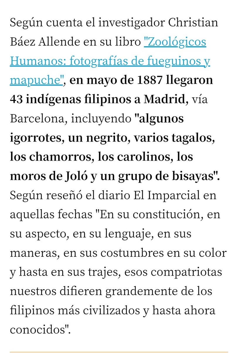 Si queréis haceros invents históricos antiyanquis exaltando el imperio colonial español, al menos curráoslo un poco, y no digáis soberanas tonterías como que España no haría zoos con indígenas filipinos cuando en 1887 hubo una expo para precisamente eso.