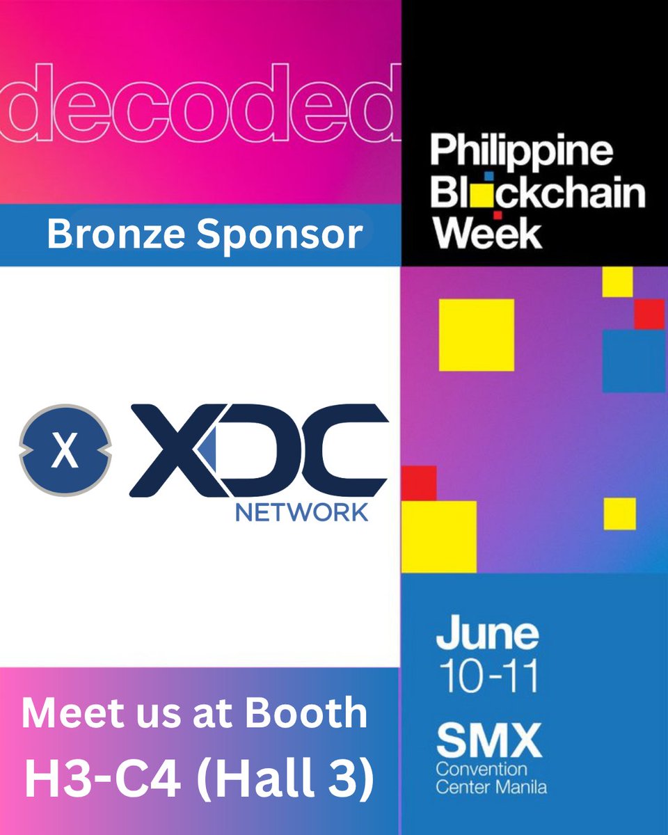 XDC Network (@xdc_network_) on Twitter photo We’re heading to Philippine Blockchain Week 2025! 🇵🇭
<a href="/XDC_Network_/">XDC Network</a> is proud to be a Bronze Sponsor at this year’s edition – where innovation meets impact.
📍 Meet us at Booth H3-C4 (Hall 3)
📅 June 10–11
📌 SMX Convention Center Manila
Join us to explore the future of real-world We’re heading to Philippine Blockchain Week 2025! 🇵🇭
<a href="/XDC_Network_/">XDC Network</a> is proud to be a Bronze Sponsor at this year’s edition – where innovation meets impact.
📍 Meet us at Booth H3-C4 (Hall 3)
📅 June 10–11
📌 SMX Convention Center Manila
Join us to explore the future of real-world