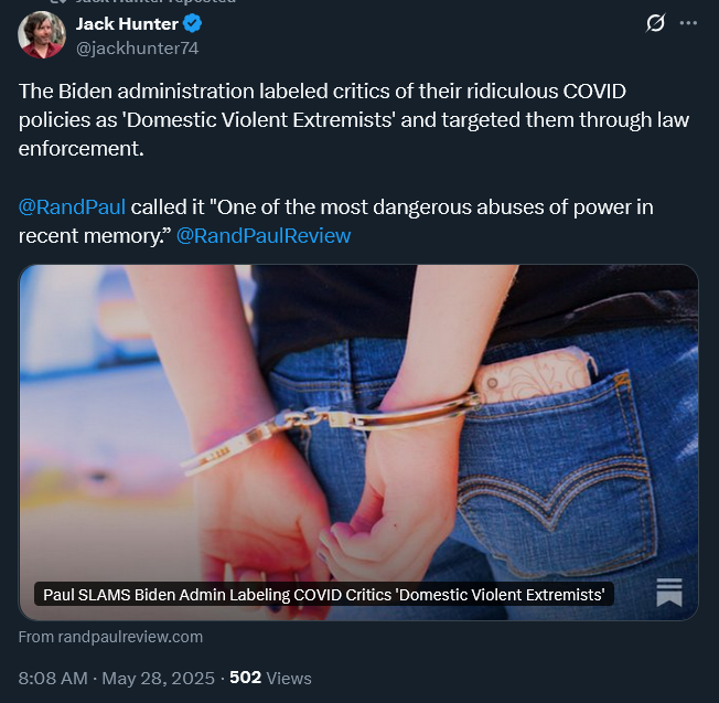 Madam Stakeholder (@mdmstakeholder) on Twitter photo <a href="/jackhunter74/">Jack Hunter</a> <a href="/RandPaul/">Rand Paul</a> <a href="/RandPaulReview/">Rand Paul Review (Commentary)</a> And yet notice how <a href="/RandPaul/">Rand Paul</a> never questions the legitimacy of the "pandemic emergency."
You'd think an MD who's smart & honorable & "different" would call out The Great Scamdemic. Instead he's promoted it (for 5+ years), merely nibbles at its edges, and traffics "next pandemic." <a href="/jackhunter74/">Jack Hunter</a> <a href="/RandPaul/">Rand Paul</a> <a href="/RandPaulReview/">Rand Paul Review (Commentary)</a> And yet notice how <a href="/RandPaul/">Rand Paul</a> never questions the legitimacy of the "pandemic emergency."
You'd think an MD who's smart & honorable & "different" would call out The Great Scamdemic. Instead he's promoted it (for 5+ years), merely nibbles at its edges, and traffics "next pandemic."