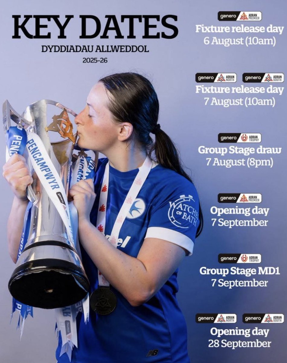 Key dates for the season ahead have been released and we hope you’re all just as excited as us!!!

Important dates include;

• Genero Adran South Fixture Release Day - 7th August 
• Adran Trophy Draw - 7th August
• Adran Trophy Opening Day - 7th September
• Adran South