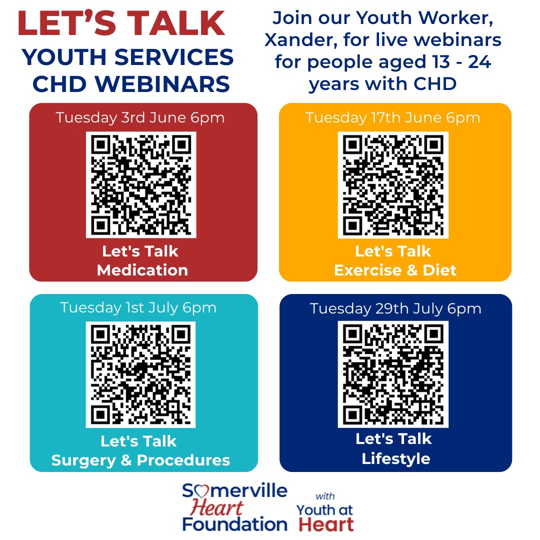 “Let’s Talk” Youth Services Webinars

Join our Youth Worker, Xander, for live webinars for people aged 13 – 24 years with CHD
Register with the QR Codes or go to: sfhearts.org.uk/support-servic… 
Young people under 16 years need their parent’s permission to join these webinars.