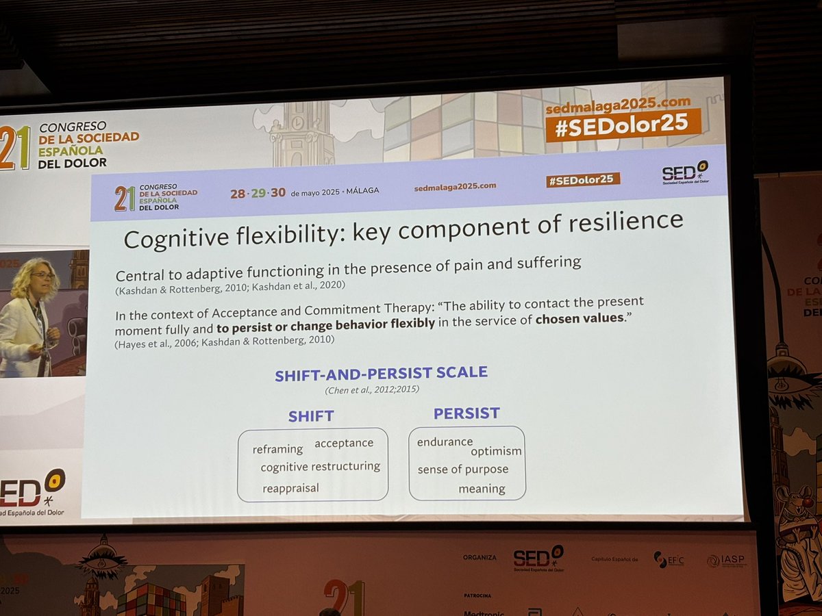 💡 La flexibilidad cognitiva como clave de la resiliencia
En el #SEDolor25, aprendiendo sobre cómo persistir o cambiar con sentido, incluso en contextos de dolor.

#Resiliencia #TerapiaACT #DolorCrónico #SaludMental #SEDolor25