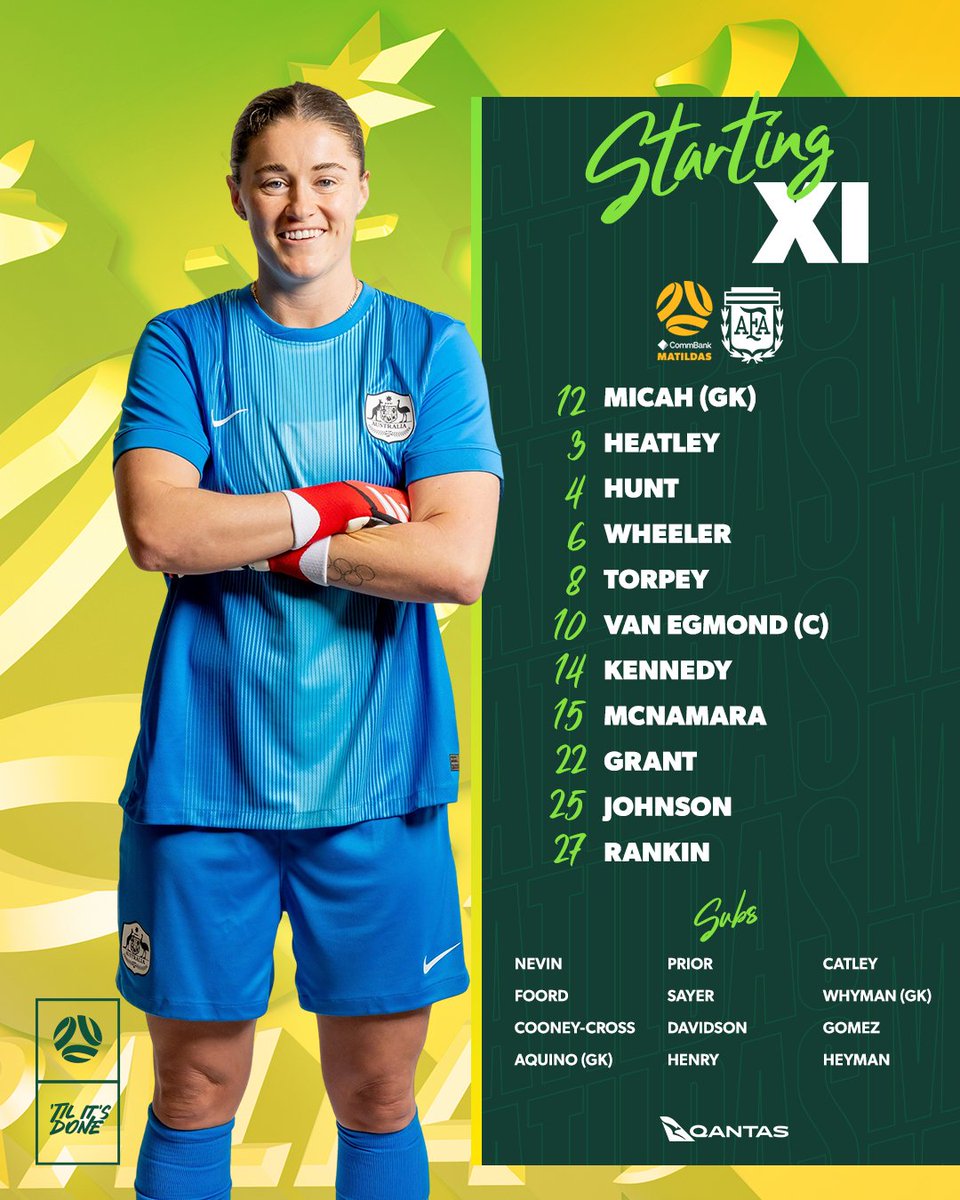 STARTING XI 🗒

Here's how we line up for our game against Argentina at Marvel Stadium 👊
☝️Kahli Johnson makes her debut for Australia, becoming cap no. 237.

#Matildas #AUSvARG #VisitMelbourne #VisitVictoria