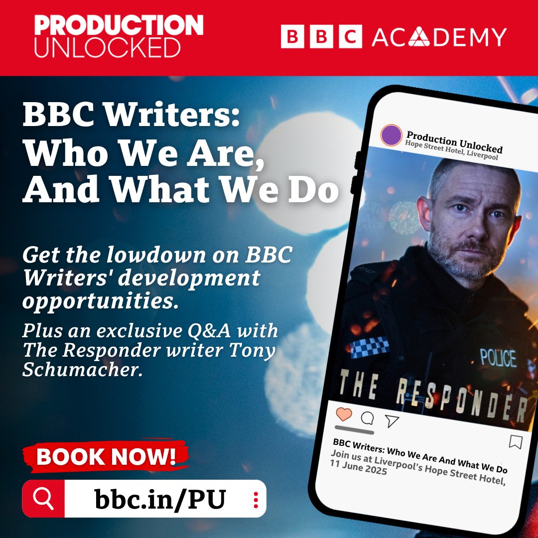 BBC Academy (@bbcacademy) on Twitter photo <a href="/RTSNW/">Royal Television Society North West</a> <a href="/BAFTA/">BAFTA</a> <a href="/televisualmedia/">Televisual Quarterly and televisual.com</a> <a href="/Broadcastnow/">Broadcastnow</a> <a href="/FilmLiverpool/">Liverpool Film Office</a> <a href="/CultureLPool/">Culture Liverpool</a> <a href="/LeftBankPics/">Left Bank Pictures</a> <a href="/andy_harries/">Andy Harries</a> 📝 Want to break into TV drama writing?
Get the inside track on BBC Writers programmes and join a Q&A with The Responder’s <a href="/tonyshoey/">Tony Schumacher</a> at #ProductionUnlocked.
🎟 Save your seat: bbc.in/PU <a href="/RTSNW/">Royal Television Society North West</a> <a href="/BAFTA/">BAFTA</a> <a href="/televisualmedia/">Televisual Quarterly and televisual.com</a> <a href="/Broadcastnow/">Broadcastnow</a> <a href="/FilmLiverpool/">Liverpool Film Office</a> <a href="/CultureLPool/">Culture Liverpool</a> <a href="/LeftBankPics/">Left Bank Pictures</a> <a href="/andy_harries/">Andy Harries</a> 📝 Want to break into TV drama writing?
Get the inside track on BBC Writers programmes and join a Q&A with The Responder’s <a href="/tonyshoey/">Tony Schumacher</a> at #ProductionUnlocked.
🎟 Save your seat: bbc.in/PU