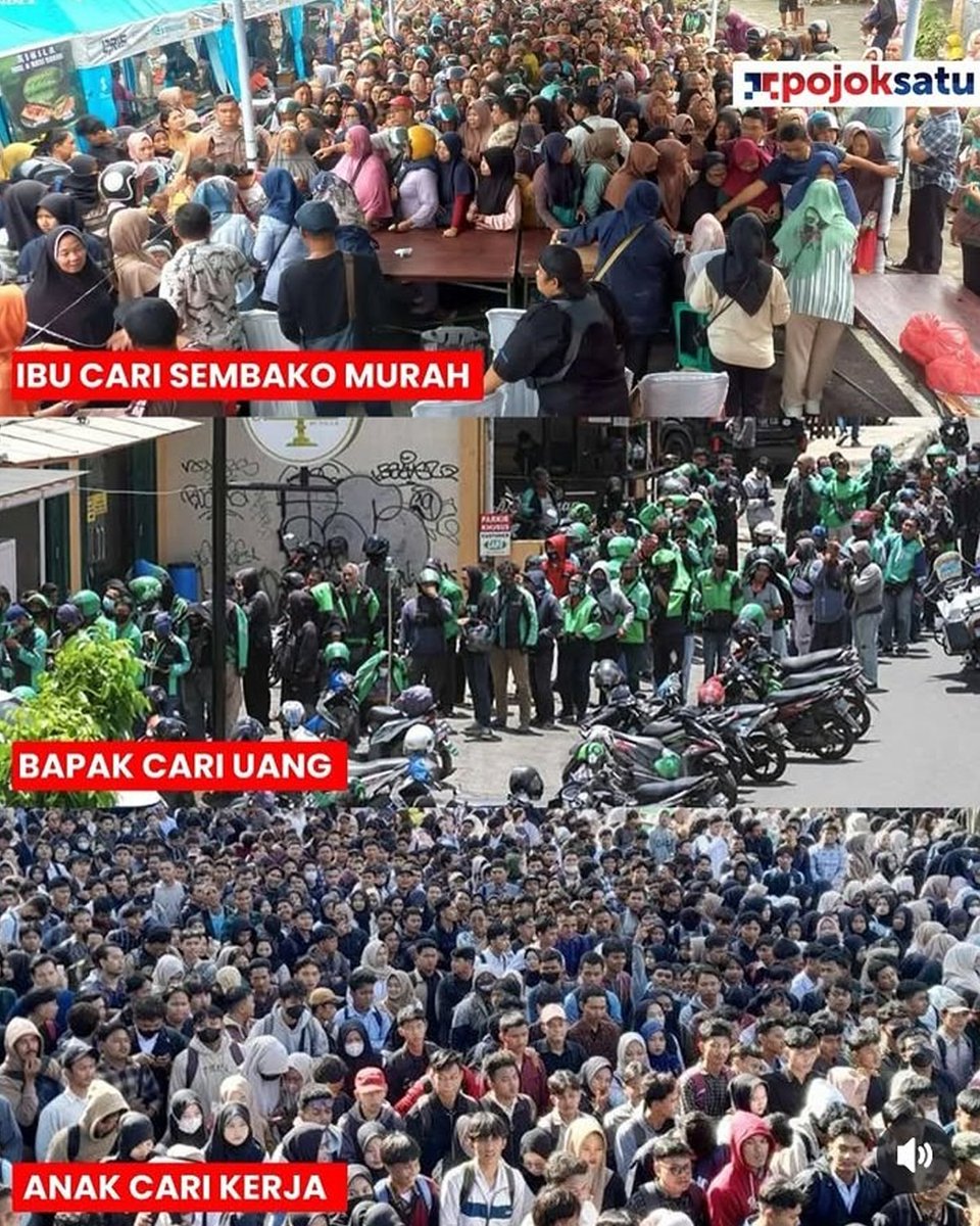 Realita kehidupan di Indonesia:
Ayah mencari uang, 
lbu mencari sembako murah, 
Anak sulit mencari lapangan kerja

Hiks.. 

#JobFair #zonauang️ #IndonesiaGelap