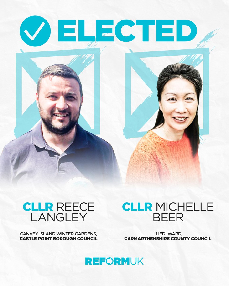 ➡️ Congratulations to newly elected Reform UK Councillors, Reece Langley and Michelle Beer!

If you vote Reform, you get Reform.