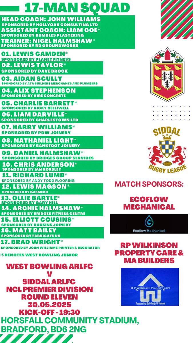 westbowlingrlfc's tweet photo. 👀Tonight’s 17-Man squad to take on Siddal

John Williams has named his 17-man squad to take on Siddal at the Horsfall Community Stadium this evening!

A big thankyou to the two match sponsors
Ecoflow Mechanical
RP Wilkinson Property Care &amp; MA Builders

Gates open at 6pm! https://t.co/ezMpPXSbxP