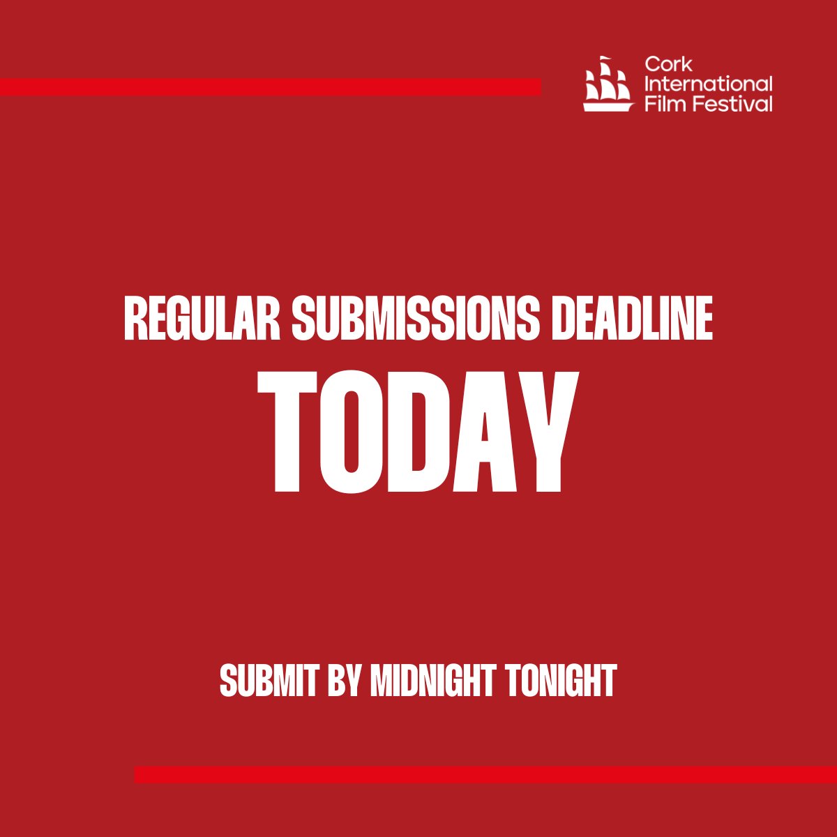 Cork International Film Festival (@corkfilmfest) on Twitter photo ❗️ Final Call ❗️ Regular submissions #CIFF2025 close TONIGHT! Don’t miss your chance to be part of Ireland’s first and largest film festival showcasing the very best of Irish and international cinema.
Submit before midnight tonight via <a href="/FilmFreeway/">FilmFreeway</a>
👉 corkfilmfest.org/submissions/ ❗️ Final Call ❗️ Regular submissions #CIFF2025 close TONIGHT! Don’t miss your chance to be part of Ireland’s first and largest film festival showcasing the very best of Irish and international cinema.
Submit before midnight tonight via <a href="/FilmFreeway/">FilmFreeway</a>
👉 corkfilmfest.org/submissions/