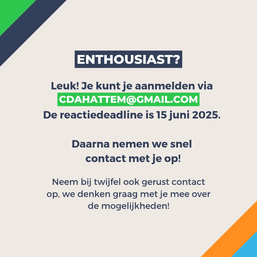 Word jij ons nieuwe gemeenteraadslid? 
 
Draag jij Hattem en het CDA een warm hart toe en wil je je inzetten voor een betere samenleving? Stel je kandidaat voor CDA Hattem! 

Geïnteresseerd? Meld je uiterlijk 15 juni aan via cdahattem@gmail.com. 
 
#CDA #CDAHattem #Hattem