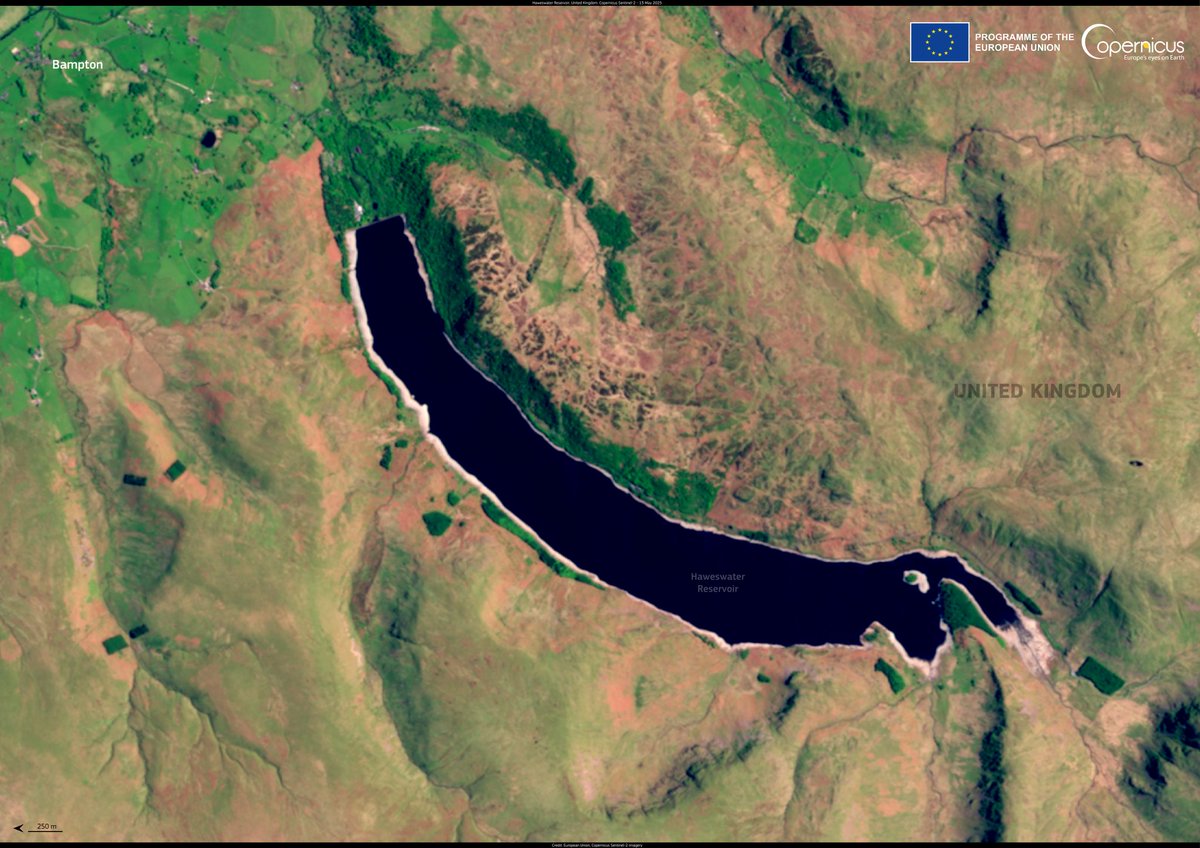 The UK is facing drought after its driest spring on record. Haweswater Reservoir is already 30% down, as seen in this #Sentinel2 image. 

With a dry summer ahead, #CopernicusEU data helps monitor water levels &amp; support response. 

#ImageOfTheDay