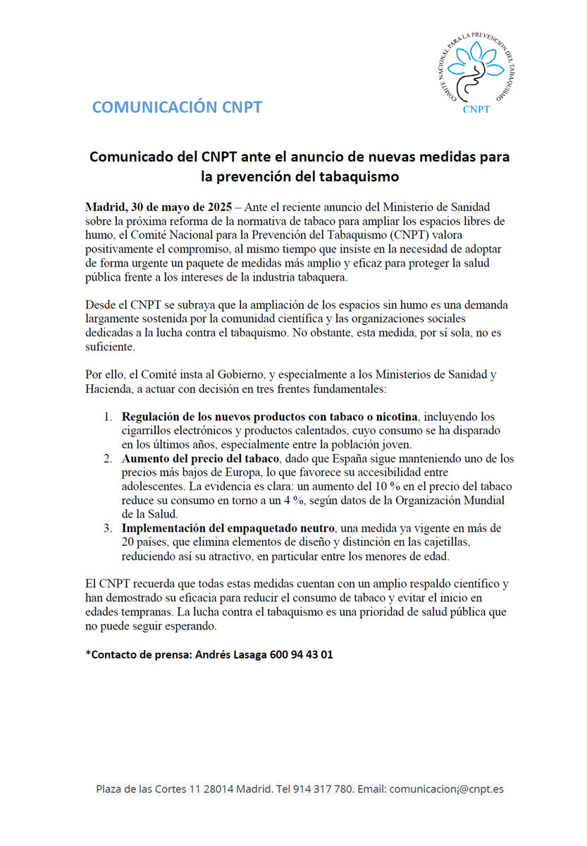 CNPT (@cnpt_e) on Twitter photo El <a href="/CNPT_E/">CNPT</a> valora positivamente la ampliación de espacios libres de humo y nicotina, al tiempo que insiste en la necesidad urgente de subir los precios del tabaco, implantar el #PaqueteNeutro y regular nuevos productos. <a href="/desdelamoncloa/">La Moncloa</a> <a href="/Haciendagob/">Ministerio de Hacienda</a> <a href="/sanidadgob/">Ministerio de Sanidad</a> El <a href="/CNPT_E/">CNPT</a> valora positivamente la ampliación de espacios libres de humo y nicotina, al tiempo que insiste en la necesidad urgente de subir los precios del tabaco, implantar el #PaqueteNeutro y regular nuevos productos. <a href="/desdelamoncloa/">La Moncloa</a> <a href="/Haciendagob/">Ministerio de Hacienda</a> <a href="/sanidadgob/">Ministerio de Sanidad</a>