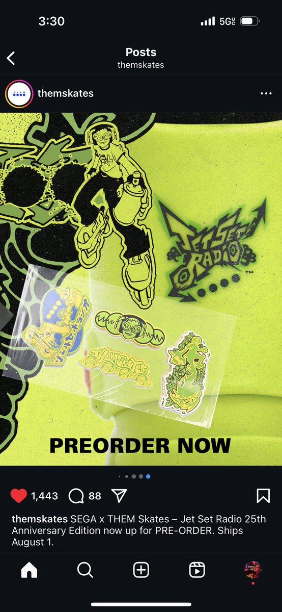 New Themskates collab with jet set radio  look awesome

Already got the skates, thinking of getting maybe the hat and the shirt since they’d go together