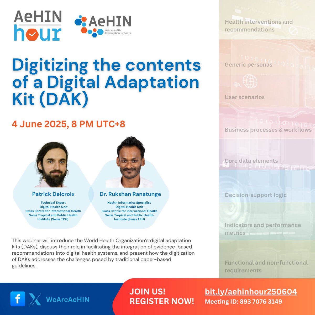 Asia eHealth Information Network (@weareaehin) on Twitter photo On ๐ช๐ฒ๐ฑ๐ป๐ฒ๐๐ฑ๐ฎ๐, ๐๐๐ป๐ฒ ๐ฐ, ๐ฎ๐ ๐ด ๐ฃ๐ ๐จ๐ง๐+๐ด, our speakers from <a href="/SwissTPH/">Swiss TPH</a> will join us for the webinar '๐๐ถ๐ด๐ถ๐๐ถ๐๐ถ๐ป๐ด ๐๐ต๐ฒ ๐ฐ๐ผ๐ป๐๐ฒ๐ป๐๐ ๐ผ๐ณ ๐ฎ ๐๐ถ๐ด๐ถ๐๐ฎ๐น ๐๐ฑ๐ฎ๐ฝ๐๐ฎ๐๐ถ๐ผ๐ป ๐๐ถ๐.' ๐ป๐๐
Join us bit.ly/aehinhour250604! ๐ On ๐ช๐ฒ๐ฑ๐ป๐ฒ๐๐ฑ๐ฎ๐, ๐๐๐ป๐ฒ ๐ฐ, ๐ฎ๐ ๐ด ๐ฃ๐ ๐จ๐ง๐+๐ด, our speakers from <a href="/SwissTPH/">Swiss TPH</a> will join us for the webinar '๐๐ถ๐ด๐ถ๐๐ถ๐๐ถ๐ป๐ด ๐๐ต๐ฒ ๐ฐ๐ผ๐ป๐๐ฒ๐ป๐๐ ๐ผ๐ณ ๐ฎ ๐๐ถ๐ด๐ถ๐๐ฎ๐น ๐๐ฑ๐ฎ๐ฝ๐๐ฎ๐๐ถ๐ผ๐ป ๐๐ถ๐.' ๐ป๐๐
Join us bit.ly/aehinhour250604! ๐