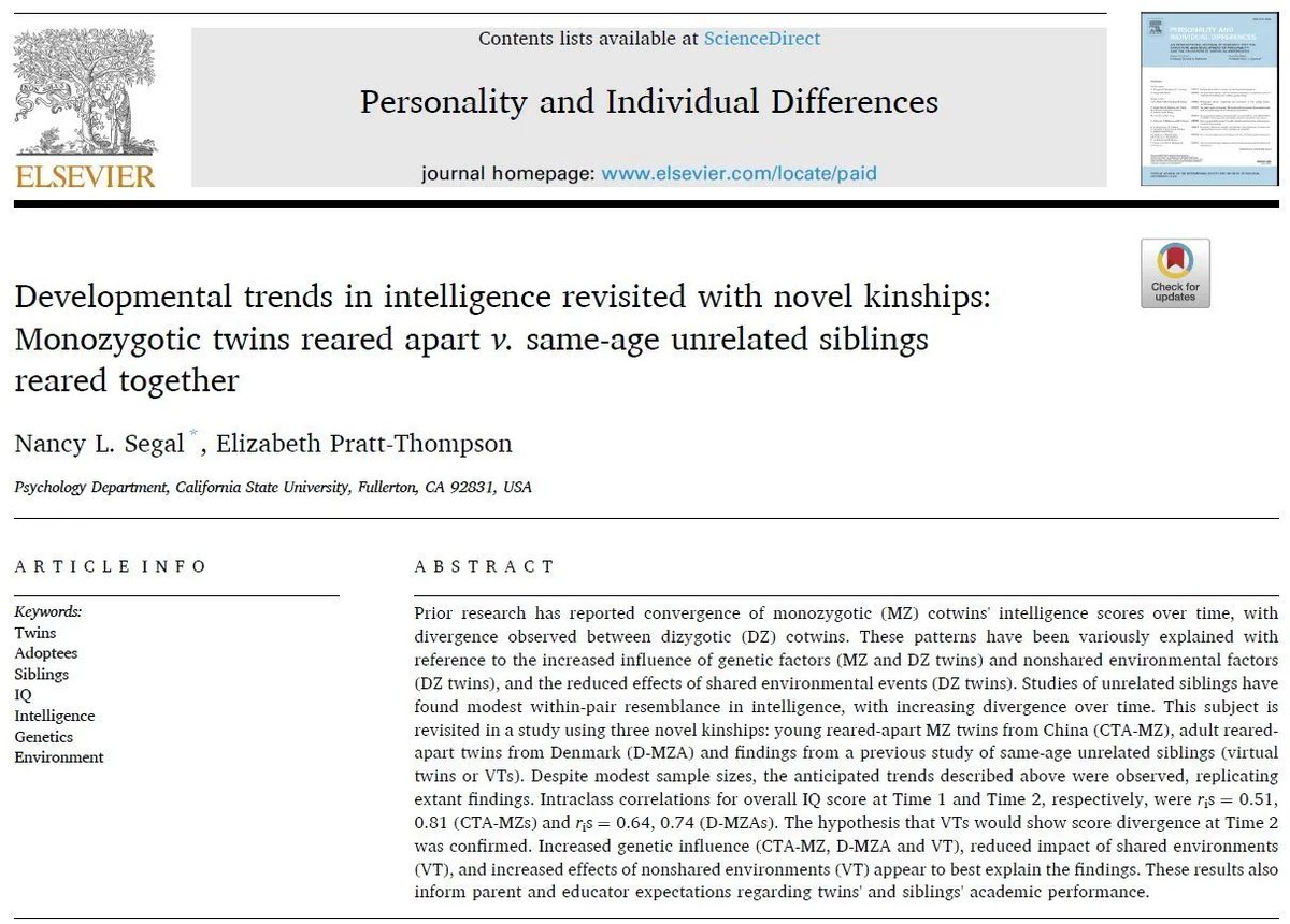 Nouvelle étude sur des jumeaux publiée :

Comme d'habitude, les résultats montrent que les gènes impactent beaucoup plus le QI que l'environnement pendant l'enfance.

⇒ Les QI de jumeaux élevés dans des foyers séparés ont convergé avec le temps.

⇒ Cette convergence n'est liée