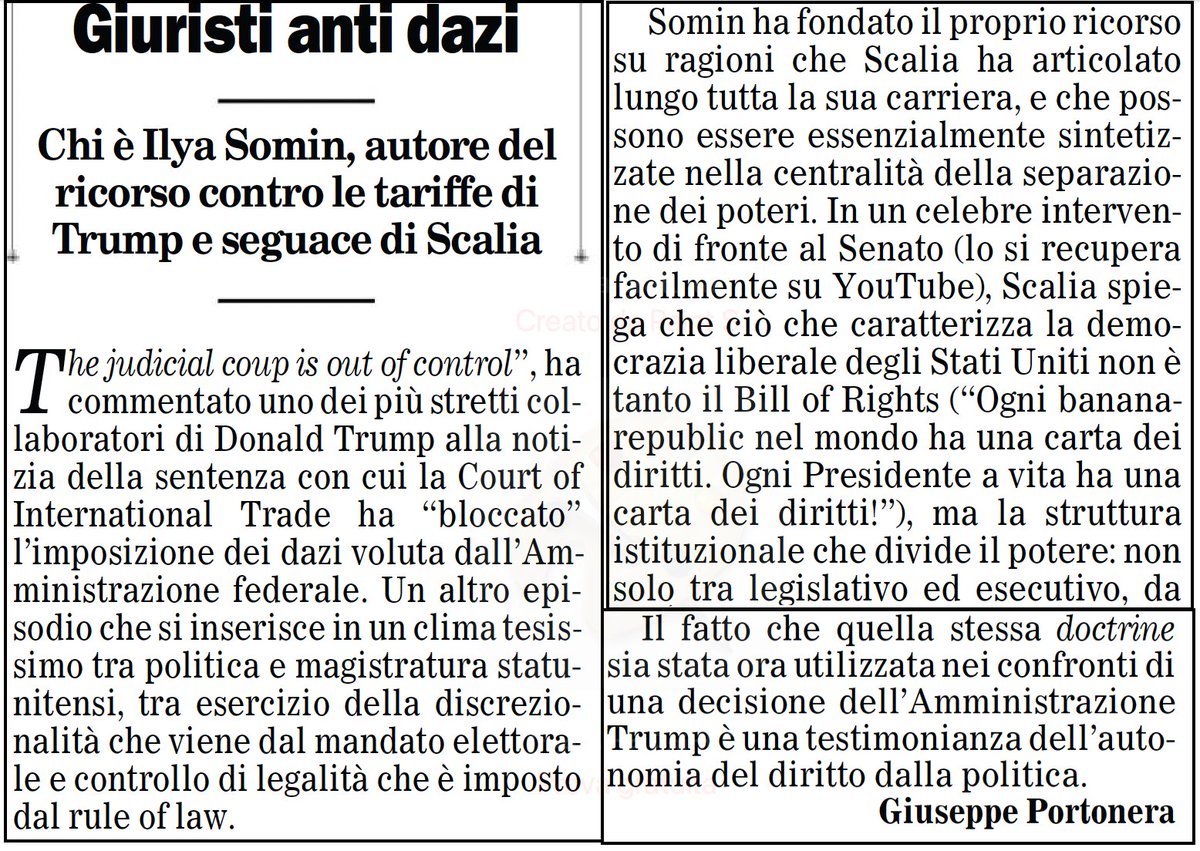 Vedremo se la sentenza che ha "bloccato" i #dazi di Trump reggerà nei successi gradi di giudizio. Intanto, su <a href="/ilfoglio_it/">Il Foglio</a>, scrivo di <a href="/IlyaSomin/">Ilya Somin</a>, l'autore del ricorso dietro la sentenza, e del perché gli argomenti che ha usato sarebbero piaciuti a Scalia