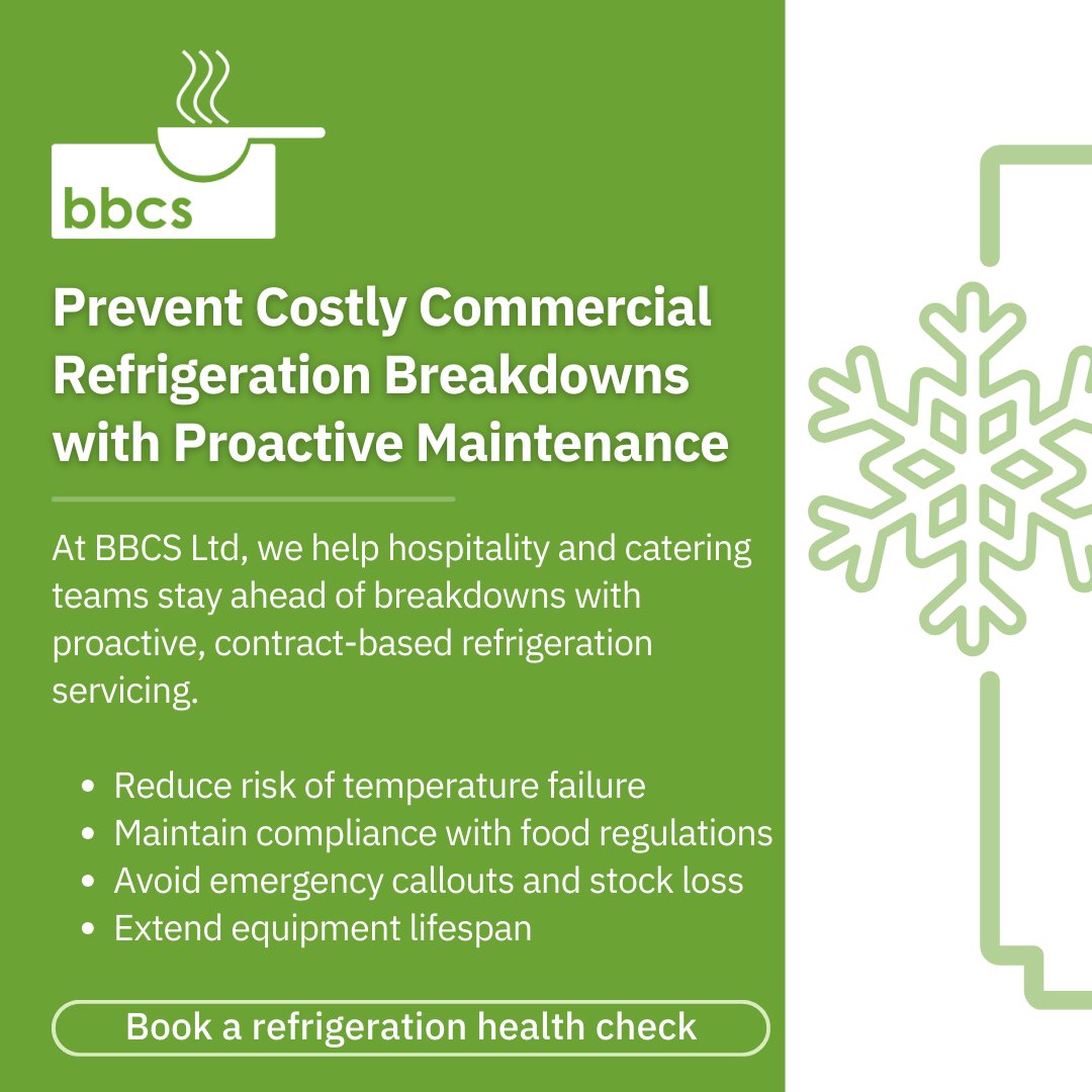 Commercial kitchen downtime can be disruptive and expensive, especially when stock is lost and compliance is at risk.

Book your refrigeration health check today by calling us on 01530 274933.

#CommercialKitchen #RefrigerationMaintenance #BBCSLtd #KitchenEquipment #FoodSafety