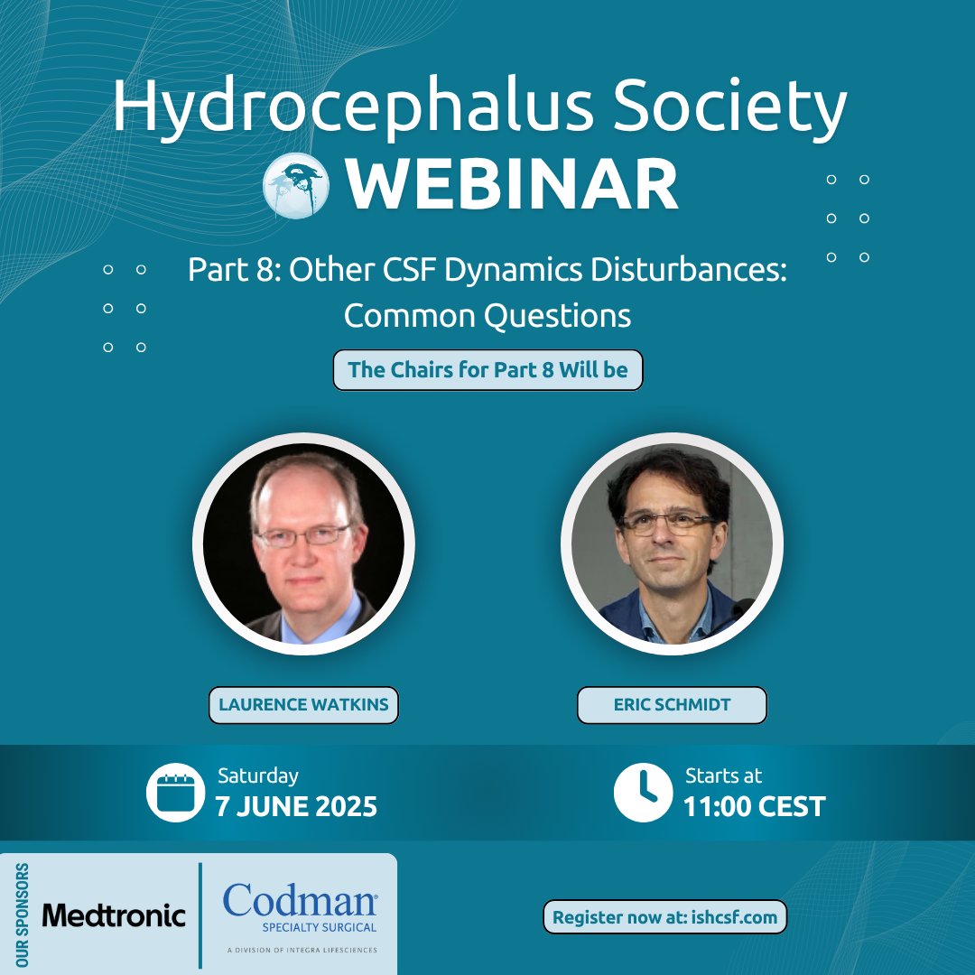 Don't miss our next 💻 webinar from our Global Webinar Series 2024-2025! Register for Free for Part 8: Other CSF Dynamics Disturbances: Common Questions
🔗View the full programme and register here: bit.ly/Webinars2024-2…

#webinar #HydrocephalusSociety #part8 #registernow