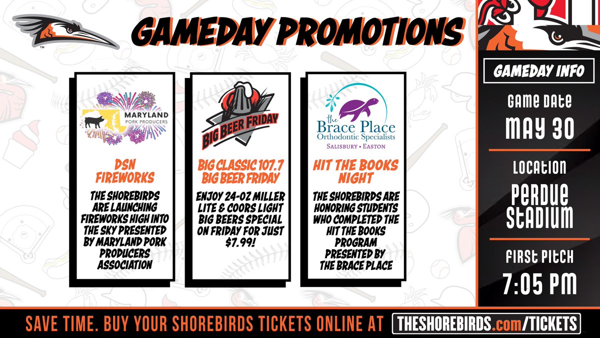 The Shorebirds are starting your weekend off right with fireworks after the game presented by Maryland Pork Producers Association! Check out the promotions and buy YOUR tickets 👇

Buy Tickets 👉 bit.ly/3HXnktz

#FlyTogether  | #Birdland