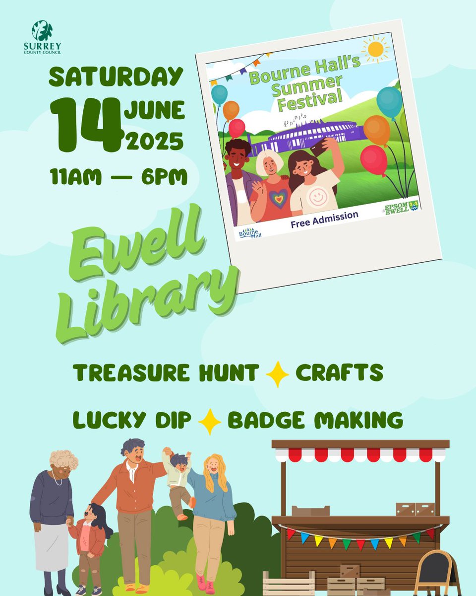 EwellLib's tweet image. Mark your calendars โ Bourne Hall Summer Festival is on in two weeks๐ฅณ
SAT 14 June we will join in the festivities with our library activities.
We'll be doing badge making, treasure hunt, crafts, lucky dip
Visit @bournehallewell & Ewell Library for a day of unforgettable fun ๐