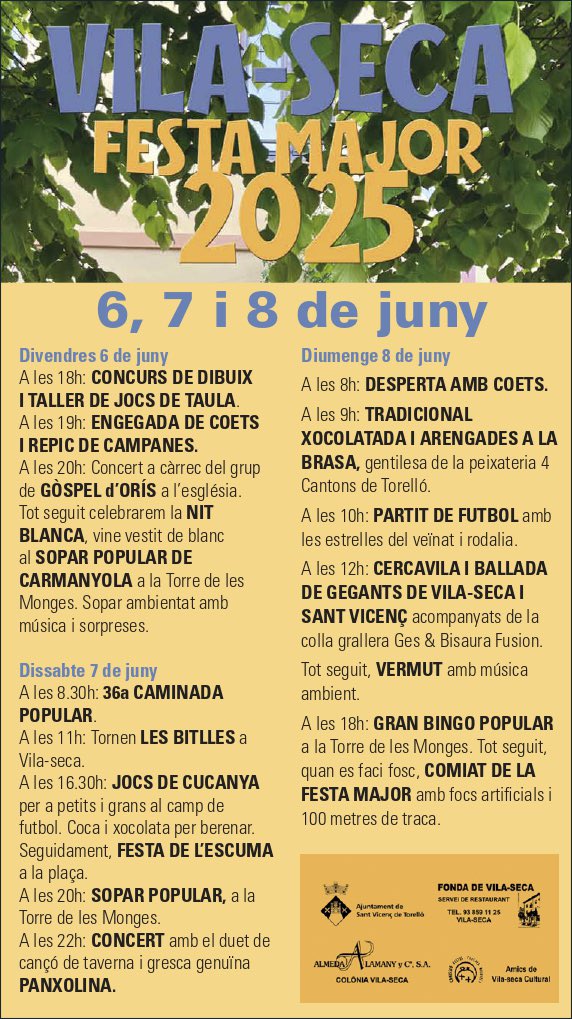 🎊 FESTA MAJOR DE VILA-SECA 2025

🎉 Els dies 6, 7 i 8 de juny, celebrem la Festa Major de Vila-Seca

📃 Us fem a les mans el programa d'actes

Reserveu-vos les dates i no us ho perdeu!