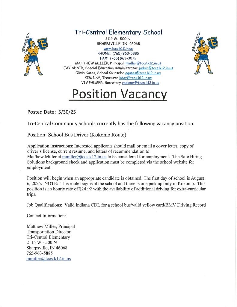 Tri-Central Community Schools has an opening for a school bus driver for the start of the 25-26 school year.
