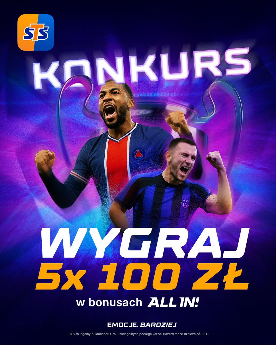 stspolska's tweet photo. Czas na finał Champions League! 🏆 Łapcie konkurs, a oto co trzeba zrobić:

1. Zaobserwować profil STS
2. Polubić i podać dalej wpis konkursowy 👍
3. Poprawnie wytypować wynik końcowy oraz strzelca bramki w meczu PSG - Inter Mediolan. Liczymy tylko regulaminowy czas gry.
4. Dodać #EmocjeBardziej

🎁 Nagrody:
Miejsca 1-5: 100 PLN w bonusach ALL IN

Nagrody otrzyma 5 uczestników, którzy najszybciej spełnią wszystkie warunki konkursu!

⏰ Gramy do 21:00, 31.05
📝 Regulamin: https://t.co/78YI09R9C8