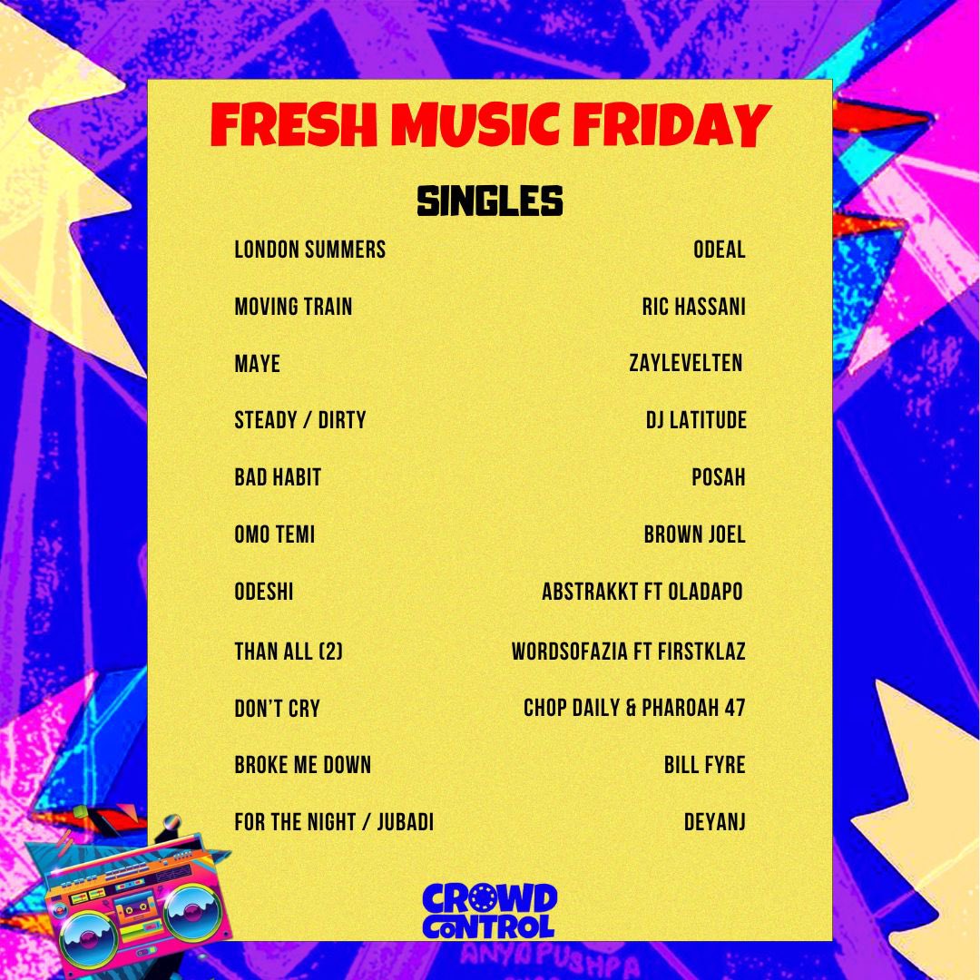 Crowd Control (@crowdcontrolng) on Twitter photo FRESH MUSIC FRIDAY 🎤🎶🎧
STARRING: <a href="/falzthebahdguy/">Bop Daddy</a> 🍲
Featuring: <a href="/KizzDaniel/">VADO D’GREAT 🥷</a> <a href="/obongjayar/">OBONGJAYAR, DEVIL SLAYER</a> <a href="/cdqolowo/">CDQ</a> <a href="/LadyDonli/">Lady Donli</a> <a href="/bloody___civ/">BLOODY CIVILIAN</a> <a href="/Tml_vibez/">Tml_vibez</a> <a href="/TimLyre/">Senpai</a> <a href="/iamodeal/">ODEAL</a> <a href="/RicHassani/">Ric Hassani</a> <a href="/zaylevelten/">TENSKI</a> <a href="/savagetha_beast/">SAVAGE</a> <a href="/itsrunda_/">RUNDA</a> <a href="/cdqolowo/">CDQ</a> <a href="/dj_latitude/">AYO !</a> <a href="/billsthenamee/">Bill Fyre</a> <a href="/Deyanj_official/">Deyanj</a> <a href="/wordsofazia/">Words of Azia</a> 🔥 FRESH MUSIC FRIDAY 🎤🎶🎧
STARRING: <a href="/falzthebahdguy/">Bop Daddy</a> 🍲
Featuring: <a href="/KizzDaniel/">VADO D’GREAT 🥷</a> <a href="/obongjayar/">OBONGJAYAR, DEVIL SLAYER</a> <a href="/cdqolowo/">CDQ</a> <a href="/LadyDonli/">Lady Donli</a> <a href="/bloody___civ/">BLOODY CIVILIAN</a> <a href="/Tml_vibez/">Tml_vibez</a> <a href="/TimLyre/">Senpai</a> <a href="/iamodeal/">ODEAL</a> <a href="/RicHassani/">Ric Hassani</a> <a href="/zaylevelten/">TENSKI</a> <a href="/savagetha_beast/">SAVAGE</a> <a href="/itsrunda_/">RUNDA</a> <a href="/cdqolowo/">CDQ</a> <a href="/dj_latitude/">AYO !</a> <a href="/billsthenamee/">Bill Fyre</a> <a href="/Deyanj_official/">Deyanj</a> <a href="/wordsofazia/">Words of Azia</a> 🔥