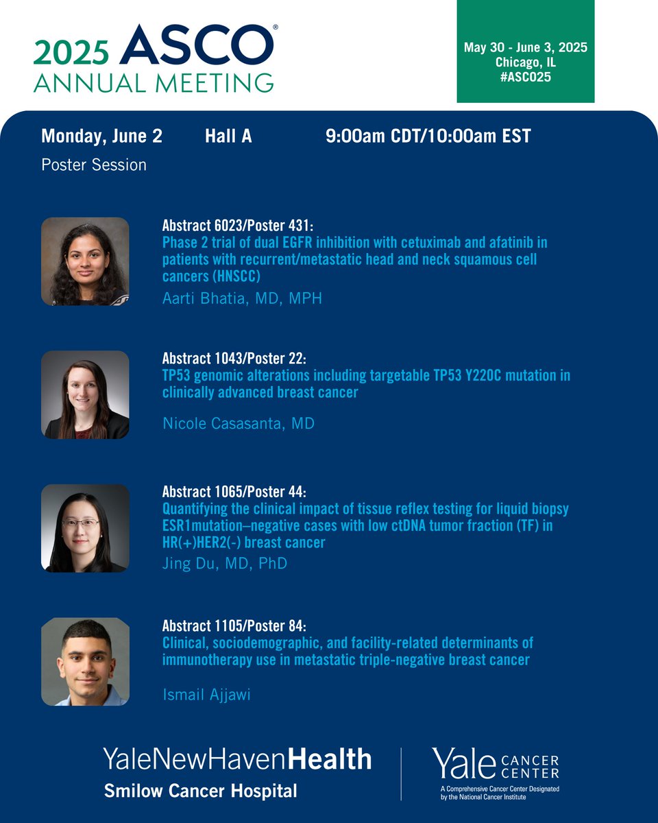 Yale Cancer Center (@yalecancer) on Twitter photo We have great representation in this morning's #ASCO25 poster session in Hall A! Stop by and support our presenters: <a href="/KashimaMDPhD/">Soki Kashima</a>, <a href="/tarasanftmd/">Tara Sanft</a>, <a href="/yoc42411/">Zachary Yochum</a>, Ro Malik, <a href="/BraunMDPhD/">David Braun</a>, <a href="/AartiBhatiaMD/">Aarti Bhatia</a>, <a href="/ncasasanta/">Nicole Casasanta, MD</a>, Jing Du <a href="/YaleBreast/">YaleBreastCancer</a>, and Ismail Ajjawi.
<a href="/SmilowCancer/">Smilow Cancer Hospital</a> <a href="/YaleMed/">Yale School of Medicine</a> <a href="/YNHH/">Yale New Haven Hosp</a> We have great representation in this morning's #ASCO25 poster session in Hall A! Stop by and support our presenters: <a href="/KashimaMDPhD/">Soki Kashima</a>, <a href="/tarasanftmd/">Tara Sanft</a>, <a href="/yoc42411/">Zachary Yochum</a>, Ro Malik, <a href="/BraunMDPhD/">David Braun</a>, <a href="/AartiBhatiaMD/">Aarti Bhatia</a>, <a href="/ncasasanta/">Nicole Casasanta, MD</a>, Jing Du <a href="/YaleBreast/">YaleBreastCancer</a>, and Ismail Ajjawi.
<a href="/SmilowCancer/">Smilow Cancer Hospital</a> <a href="/YaleMed/">Yale School of Medicine</a> <a href="/YNHH/">Yale New Haven Hosp</a>