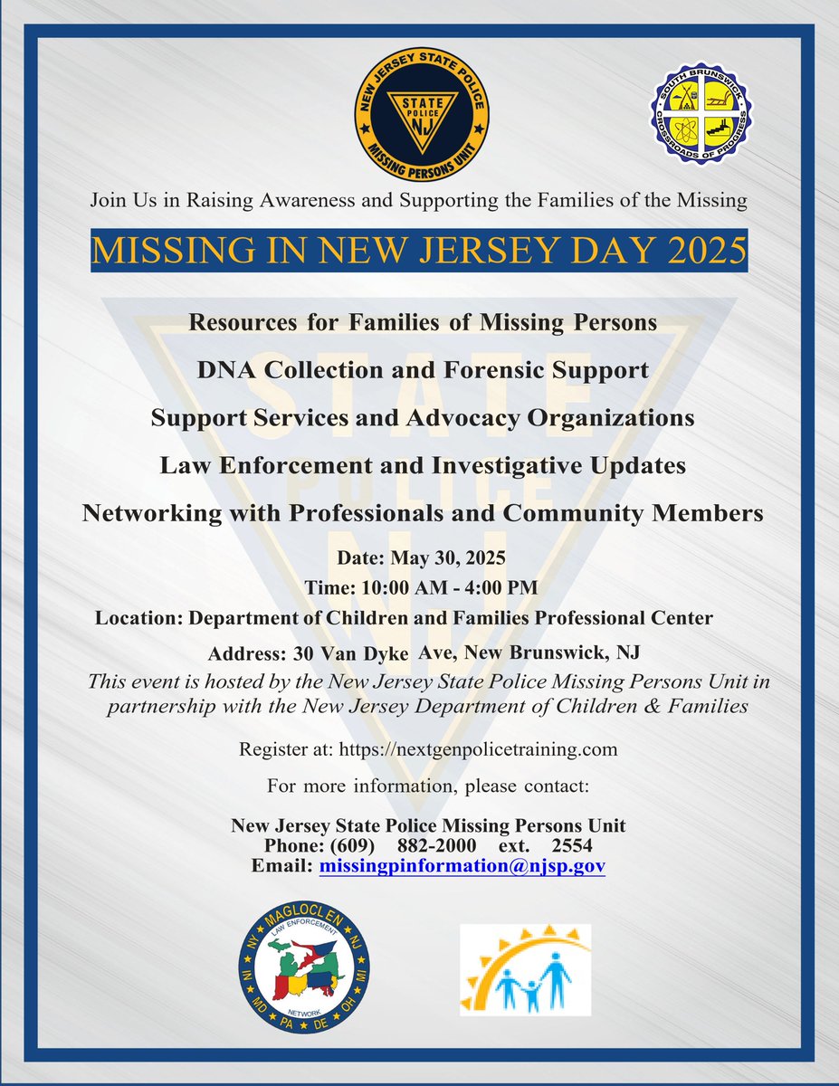 SoBrunswickTwp's tweet image. Join NJ State Police for Missing in NJ Day 2025
๐
May 30 | ๐ 10 AMโ4 PM
๐ 30 Van Dyke Ave, New Brunswick, NJ
Support families, get resources, & hear from experts.
๐ Register: nextgenpolicetraining.com
#MissingInNJDay2025 #NJSP @SoBrunswickPD