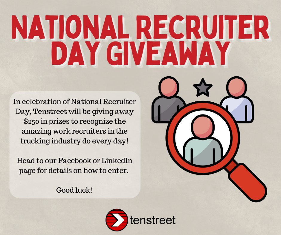 🚨 It’s National Recruiter Day! 🚨

We’re giving away $250 in prizes — including gift cards and Tenstreet swag — to celebrate the recruiters keeping the wheels turning.

Want in? Head to our Facebook or LinkedIn pages to enter!