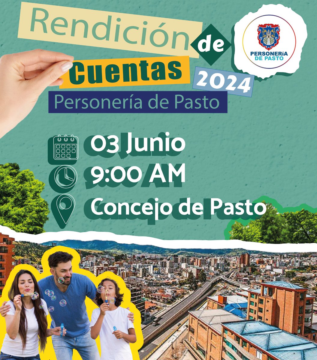 📢 ¡Te invitamos a nuestra Rendición de Cuentas 2024!
La Personería de Pasto presentará los logros, avances y retos del último año en su gestión por la defensa de los derechos y el fortalecimiento institucional.

🗓️ Fecha: 3 de junio
🕘 Hora: 9:00 a.m.
📍 Lugar: Concejo de Pasto