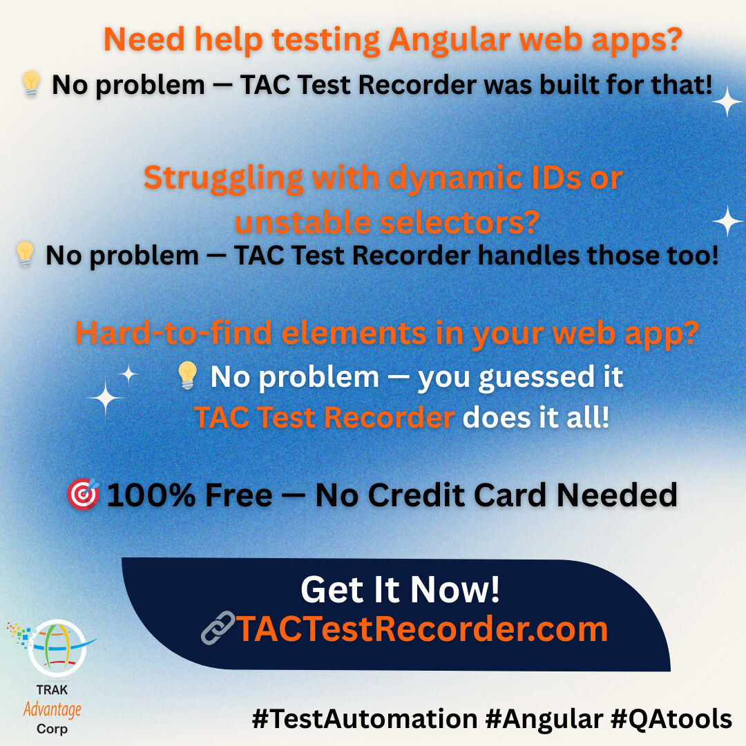 trakadvcorp's tweet image. ⚡️ Still writing scripts for your Angular tests?
Stop.
TAC Test Recorder automates your UI tests — no code, no drama.
✅ 100% FREE to try → TACTestRecorder.com
#DevLife #AngularQA #NoCodeTesting #TACRecorder #TestAutomation