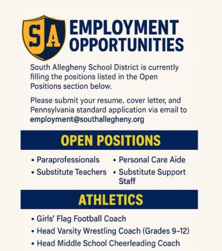 South Allegheny School District is hiring! Join our team as a paraprofessional, personal care aide, substitute teacher, substitute support staff, or athletic coach. Send your resume, cover letter, and PA standard application to employment@southallegheny.org
