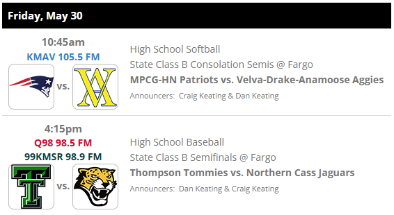 Day 2 of state softball and state baseball is here! Visit KMAV.com/sports for schedule updates or to listen online. 
#NDpreps