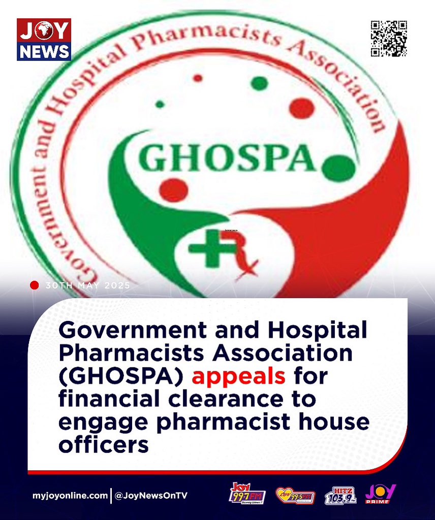 JoyNewsOnTV's tweet photo. Government and Hospital Pharmacists Association (GHOSPA) appeals for financial clearance to engage pharmacist house officers

Details here: https://t.co/aqGMh2rgux

#JoyNews || #MyJoyOnline https://t.co/N3EwRCJR3w