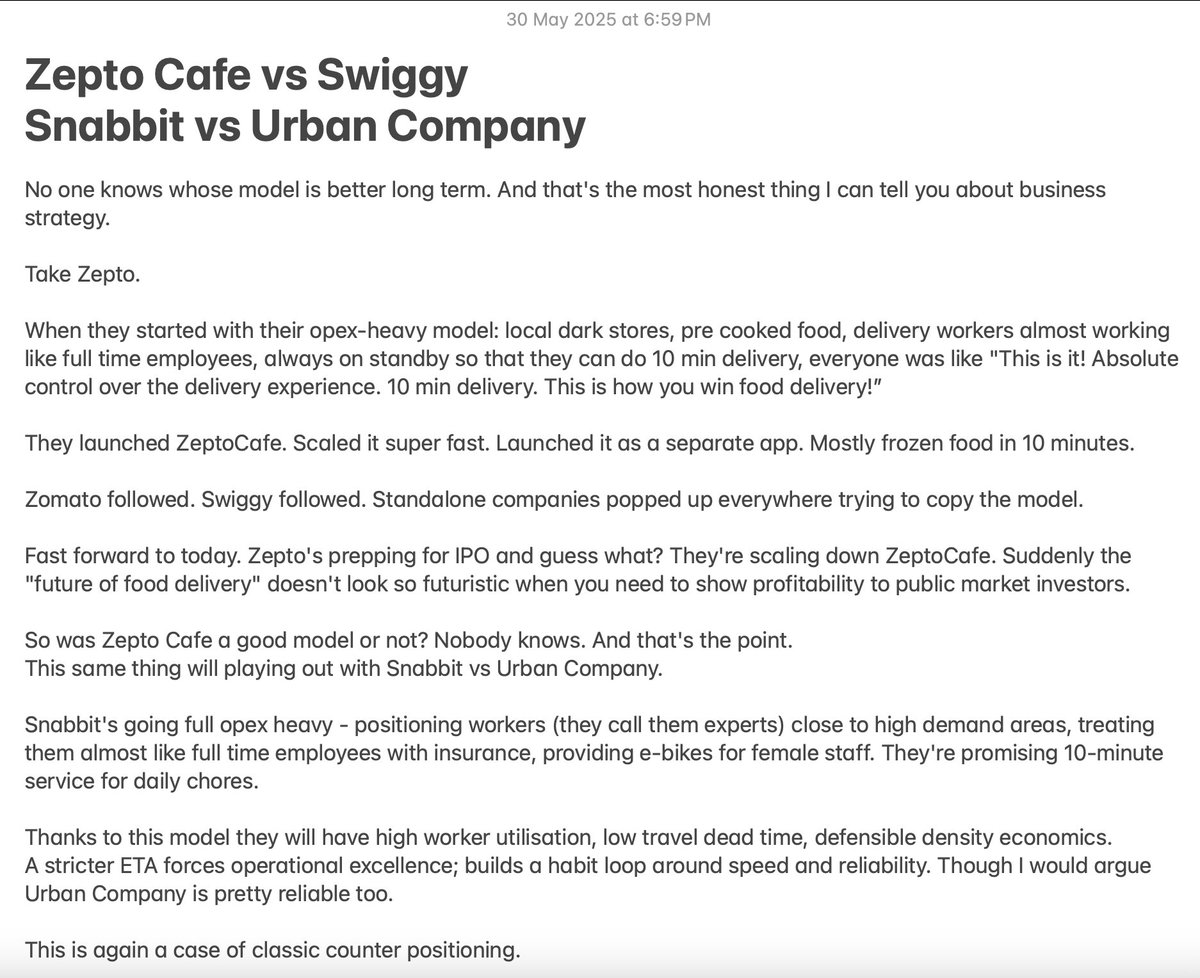 manasjsaloi's tweet image. Nobody knows if your model actually works.
Zepto Cafe was the future of food delivery until IPO prep hit.
Now Snabbit's growing fast by counter positioning vs Urban Company.
My hot take is that:
Perception of business model success = Where you are in the funding cycle ×…
