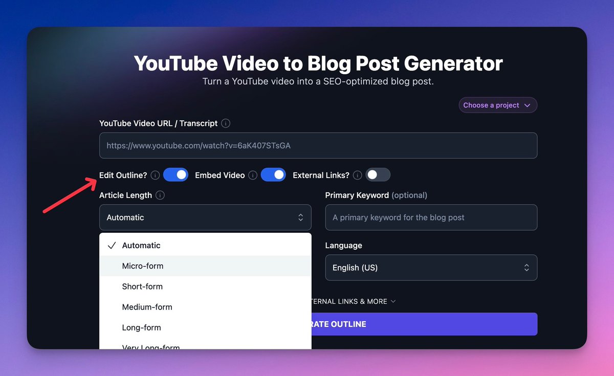 You can now edit the outline when using the video-to-blog tool! Plus, you can add external links or use the new micro option for length.