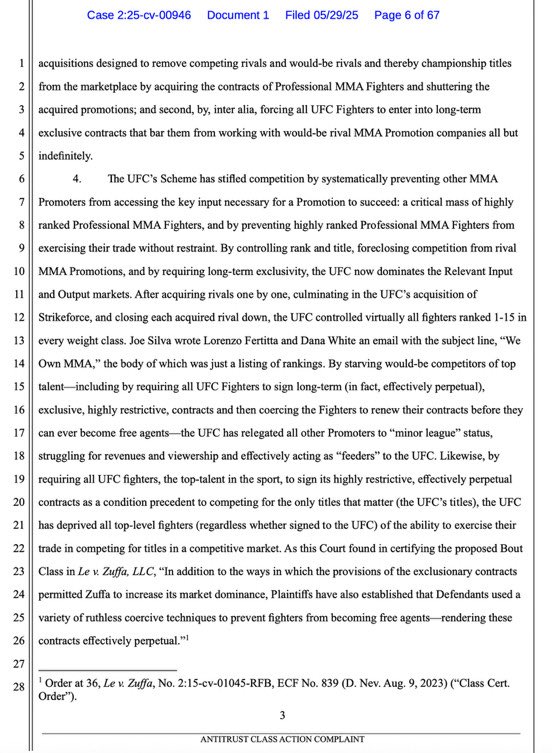So last night Phil Davis filed a class action antitrust complaint against the UFC claiming their monopolization scheme was preventing other promoters from having access to the key fighters needed to succeed, leading to lower pay for fighters outside the UFC. 1/