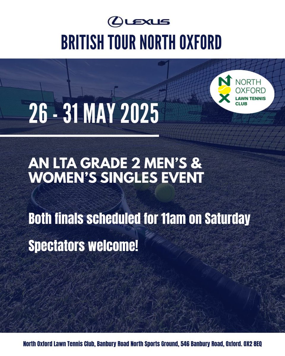 It’s getting to the business end of this year’s Lexus British Tour North Oxford, that’s seen 206 entries over the two draws.

Both finals are scheduled for 11am on Saturday, so why not come down to the club and watch some cracking grass court tennis 🎾 

competitions.lta.org.uk/sport/draws.as…
